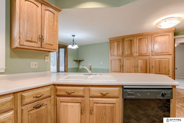 kitchen with a sink, a peninsula, light countertops, and dishwasher