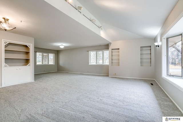 spare room with lofted ceiling, a healthy amount of sunlight, baseboards, and carpet flooring