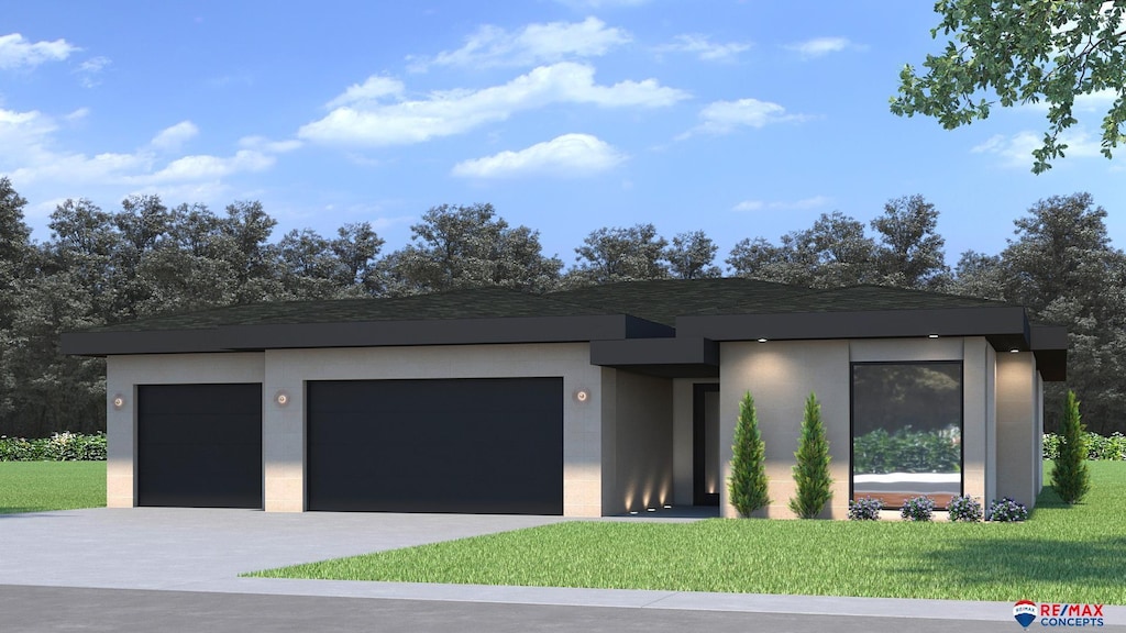 contemporary home with an attached garage, a shingled roof, driveway, stucco siding, and a front yard