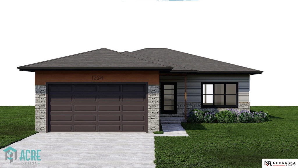 view of front of house with a shingled roof, concrete driveway, stone siding, an attached garage, and a front lawn