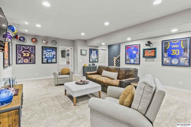 living room featuring recessed lighting, carpet floors, visible vents, baseboards, and stairs