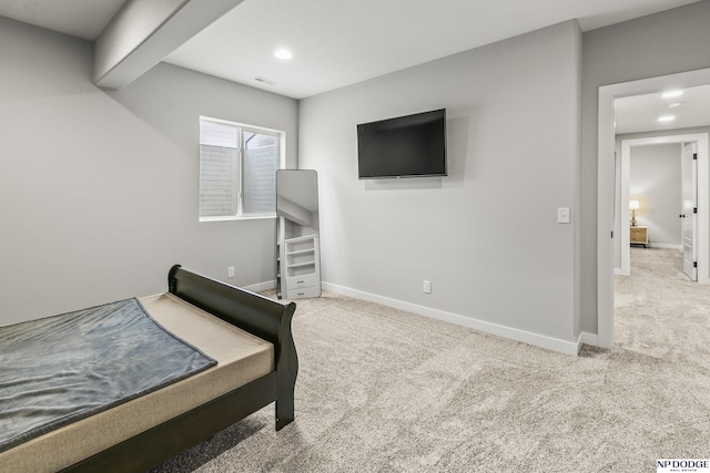 bedroom with recessed lighting, carpet flooring, visible vents, and baseboards