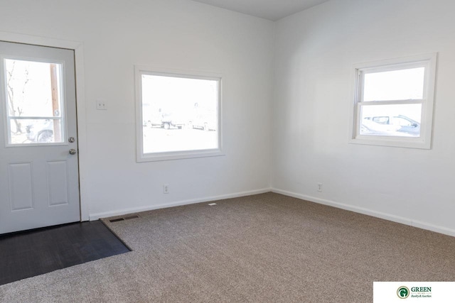 interior space featuring baseboards, visible vents, plenty of natural light, and carpet flooring