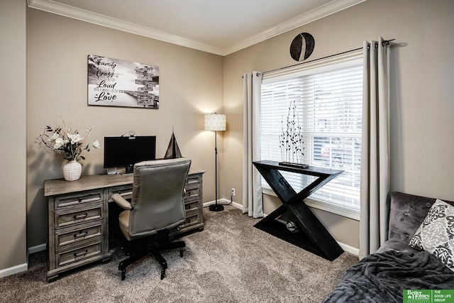 office area with ornamental molding, dark carpet, and baseboards