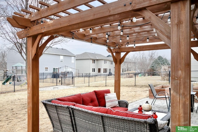 view of patio featuring a fenced backyard, playground community, an outdoor living space, and a pergola