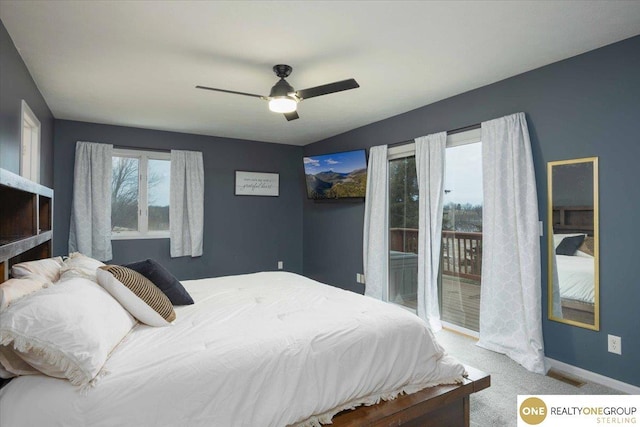 bedroom with visible vents, a ceiling fan, access to outside, carpet, and baseboards