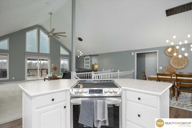 kitchen with open floor plan, stainless steel range with electric cooktop, light countertops, and a barn door