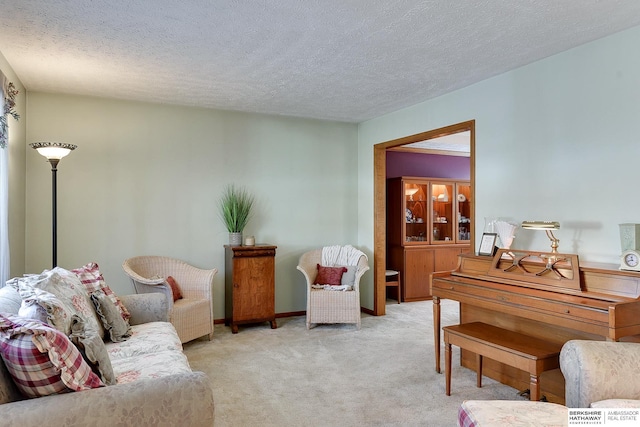 sitting room featuring baseboards, a textured ceiling, and light colored carpet