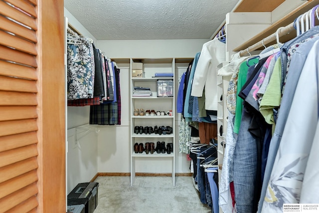 walk in closet featuring carpet flooring