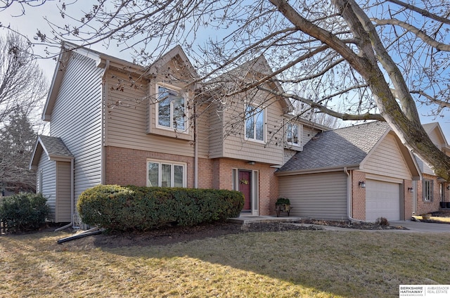 view of front of property with an attached garage, brick siding, concrete driveway, roof with shingles, and a front yard