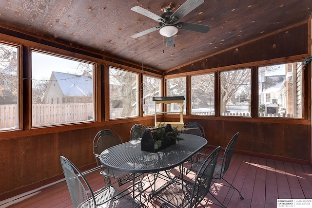 sunroom / solarium featuring a ceiling fan, wood ceiling, and vaulted ceiling