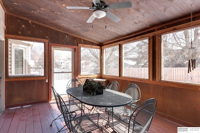 sunroom / solarium featuring lofted ceiling, ceiling fan, and wooden ceiling