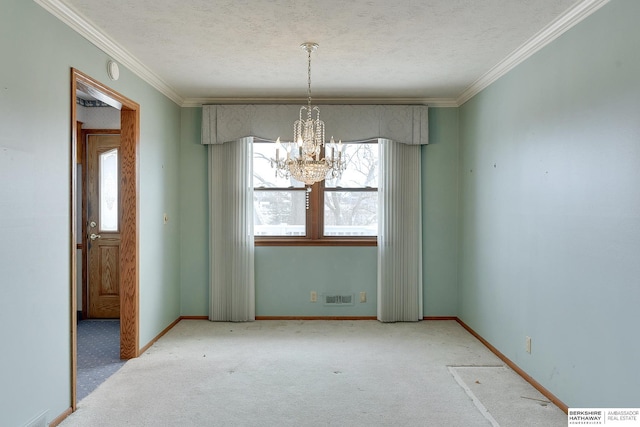 carpeted spare room featuring baseboards, a textured ceiling, and crown molding