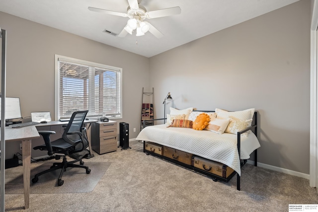 bedroom featuring carpet, visible vents, ceiling fan, and baseboards