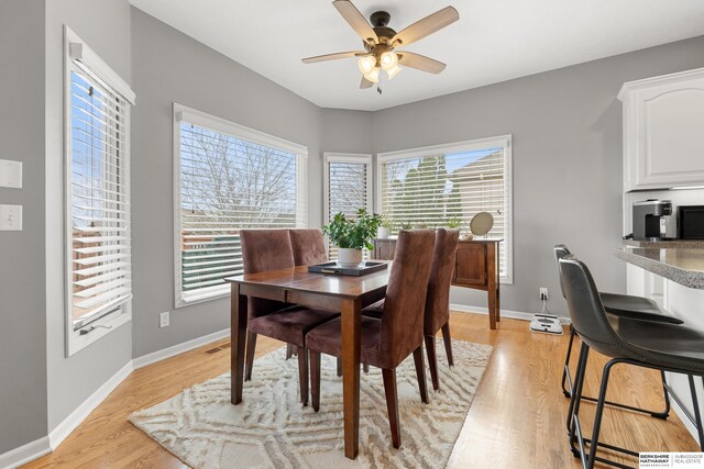 dining room featuring light wood finished floors, ceiling fan, and baseboards