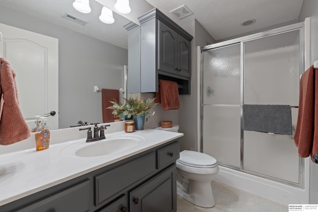 full bath featuring a stall shower, vanity, visible vents, and tile patterned floors