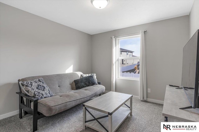 living area with light carpet and baseboards