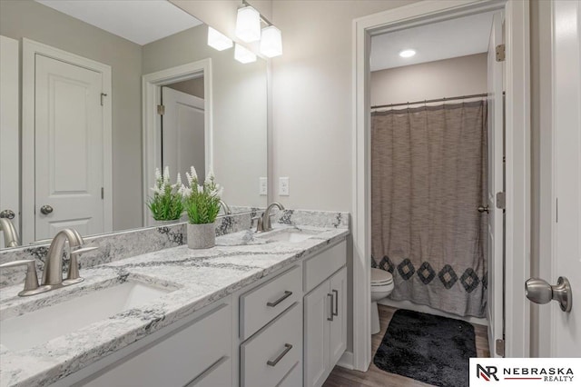 bathroom with curtained shower, a sink, toilet, and double vanity