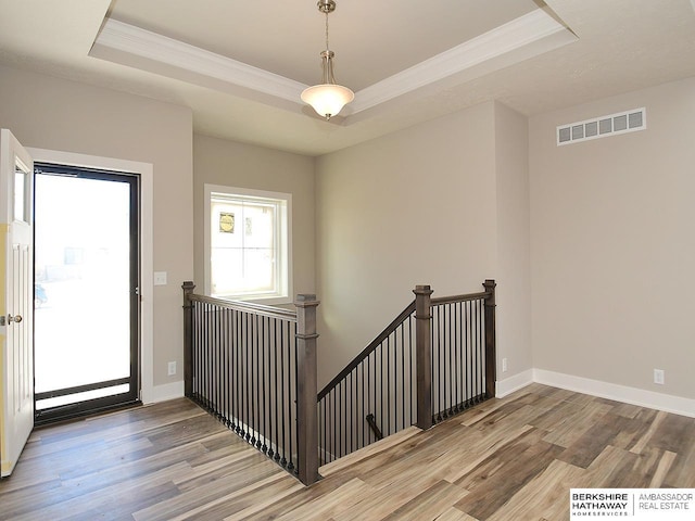 foyer entrance featuring visible vents, a tray ceiling, and wood finished floors