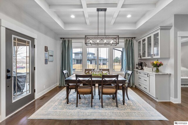 6919 Wildrye Rd, Lincoln, NE 68521 - dining room with visible vents, coffered ceiling, baseboards, dark wood finished floors, and beam ceiling