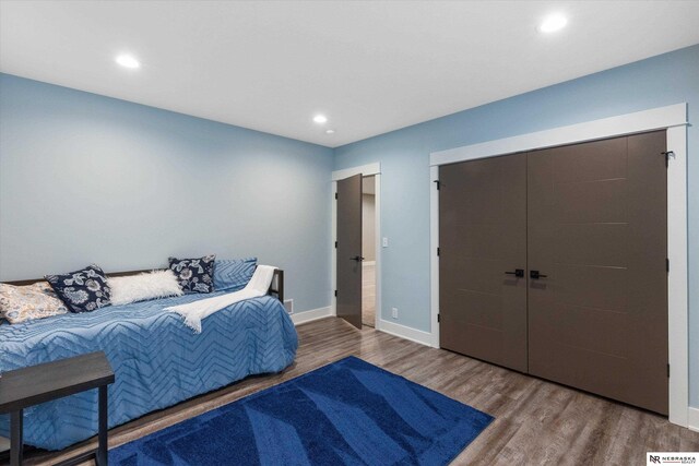 6919 Wildrye Rd, Lincoln, NE 68521 - bedroom with a closet, baseboards, wood finished floors, and recessed lighting