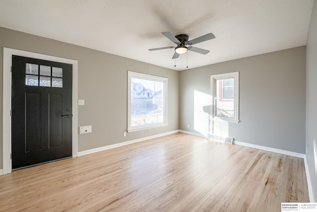 foyer entrance with light wood-style flooring, visible vents, baseboards, and a ceiling fan