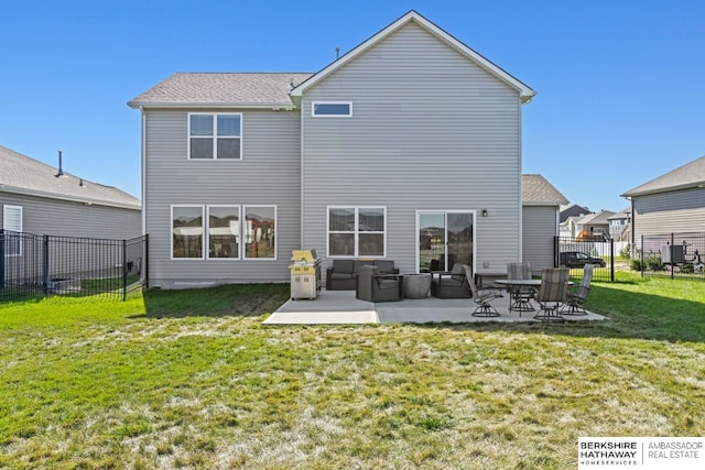 back of house featuring cooling unit, fence, a patio, and a yard