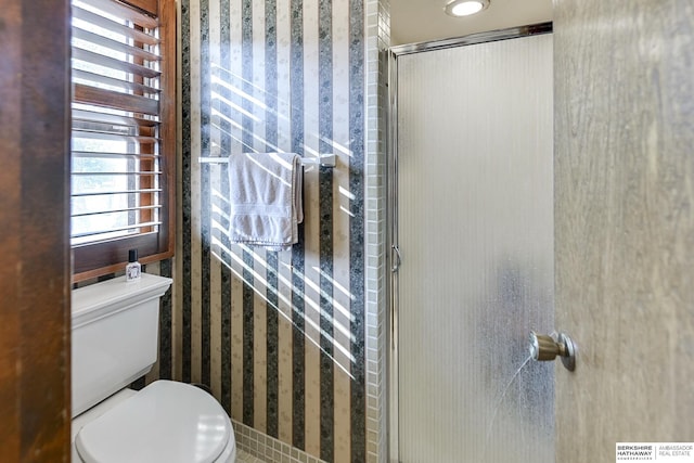 full bathroom featuring a shower stall and toilet