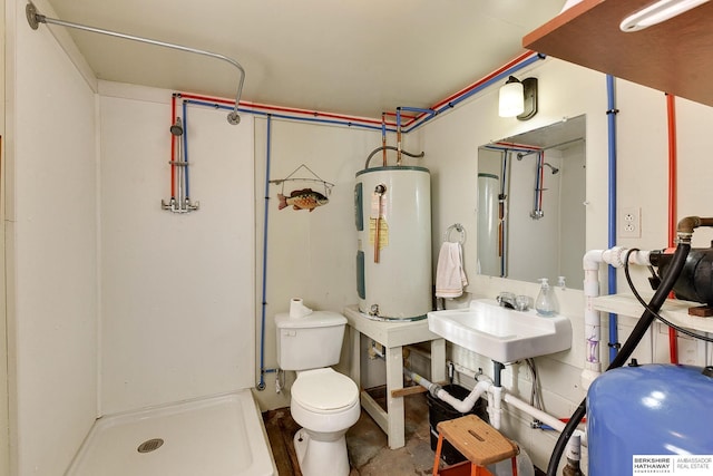 full bath with toilet, a stall shower, water heater, and a sink