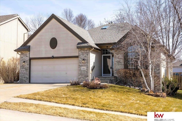 view of front of property featuring concrete driveway, an attached garage, brick siding, and a front lawn