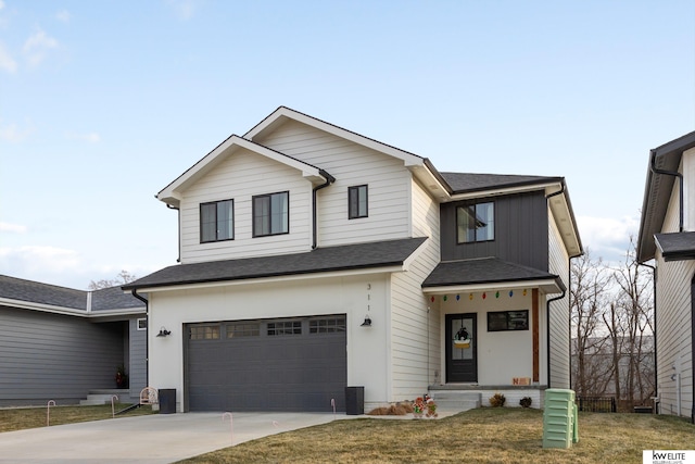 view of front facade featuring board and batten siding, concrete driveway, roof with shingles, and an attached garage