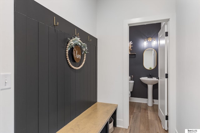 interior space featuring a sink, wood finished floors, toilet, and baseboards