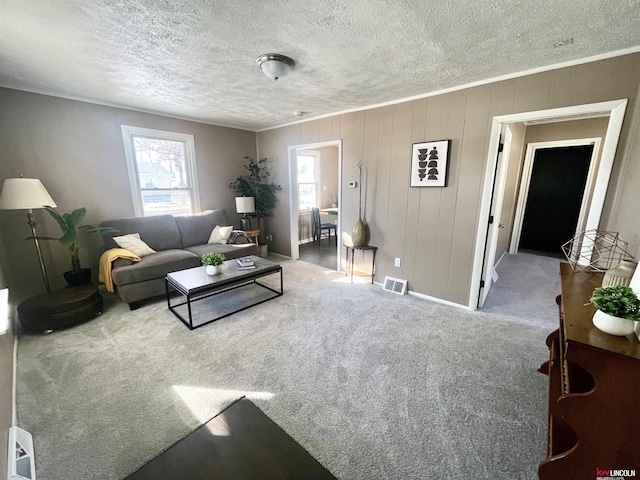 living area featuring carpet floors, a textured ceiling, visible vents, and crown molding