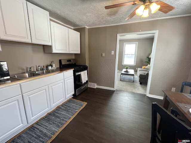 kitchen featuring a wainscoted wall, dark wood-style flooring, a textured ceiling, a sink, and gas stove