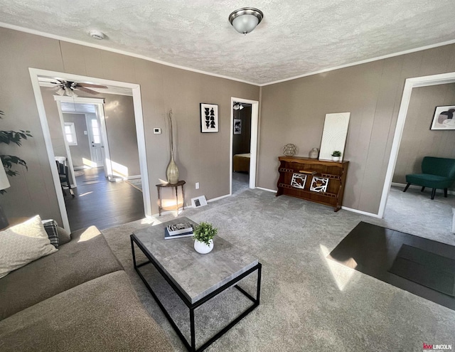 carpeted living area featuring a textured ceiling, ornamental molding, visible vents, and baseboards