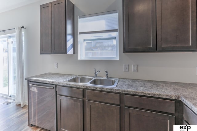 kitchen with dark brown cabinetry, a healthy amount of sunlight, dishwasher, and a sink