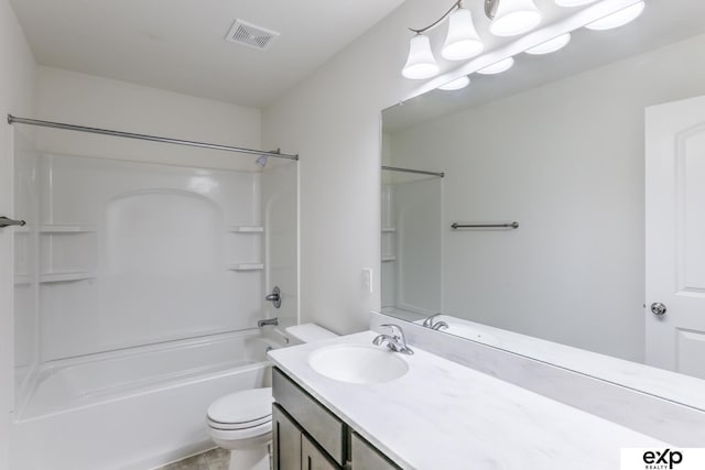 bathroom featuring toilet, shower / bathtub combination, visible vents, and vanity