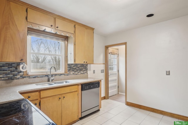 kitchen with dishwasher, tasteful backsplash, range with electric stovetop, and a sink