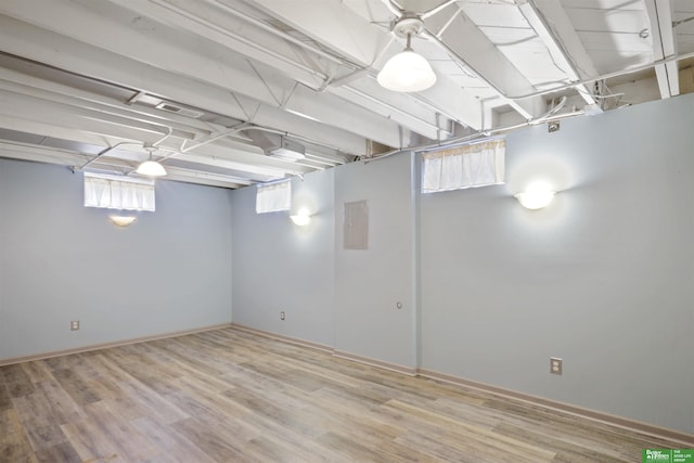 basement with wood finished floors and electric panel