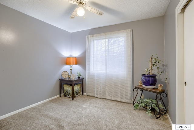 interior space featuring baseboards, a textured ceiling, a ceiling fan, and carpet flooring