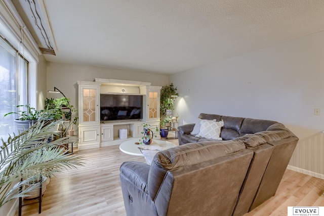 living room featuring baseboards, a textured ceiling, and light wood-style floors