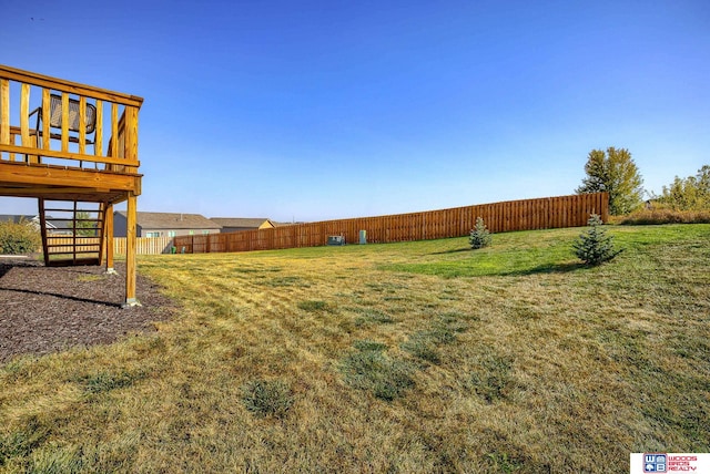 view of yard featuring fence and a wooden deck