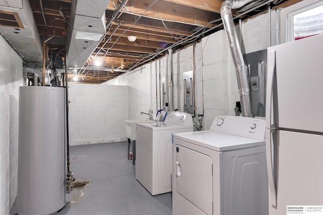 laundry area with laundry area, washing machine and dryer, water heater, and visible vents