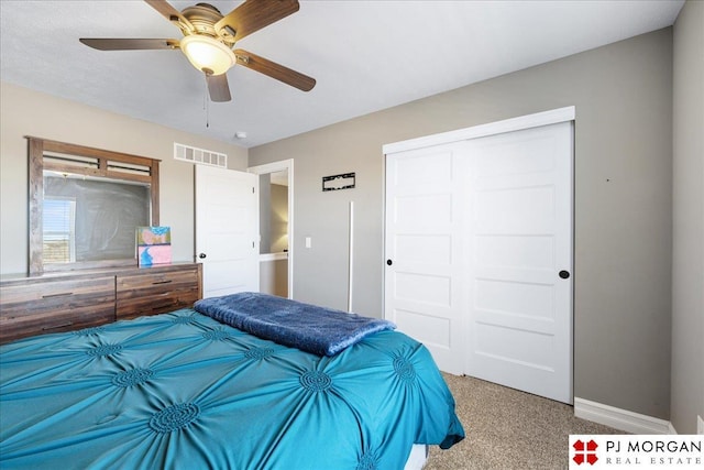 10211 Rosewater Pkwy, Bennington, NE 68007 - bedroom with baseboards, visible vents, a ceiling fan, carpet floors, and a closet