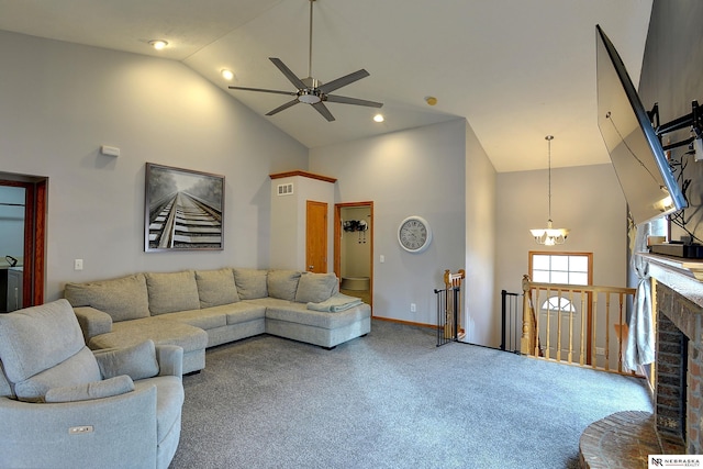 living room with high vaulted ceiling, a fireplace, carpet flooring, and baseboards