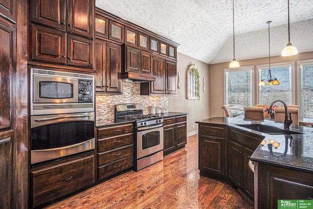 kitchen with a sink, tasteful backsplash, dark wood finished floors, stainless steel appliances, and vaulted ceiling