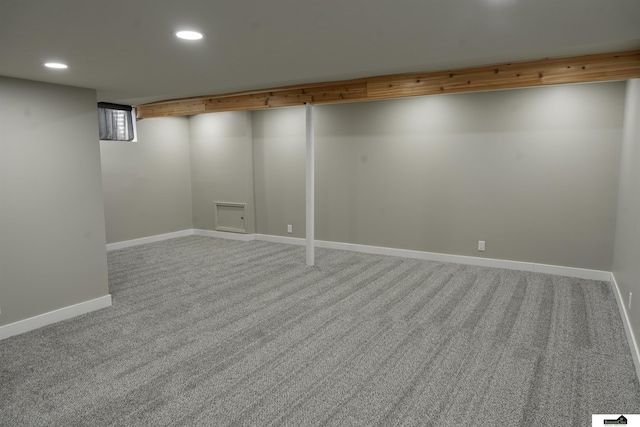 basement featuring carpet floors, recessed lighting, and baseboards