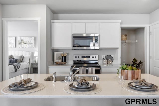 kitchen featuring stainless steel appliances, a sink, and white cabinets