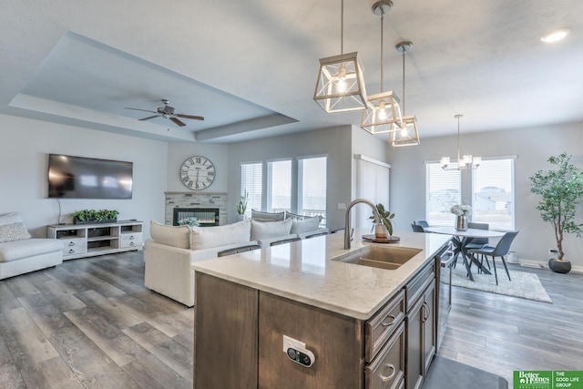 kitchen with a tray ceiling, dark wood-style flooring, a sink, and open floor plan