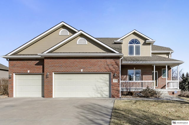 view of front of home featuring a porch, a garage, brick siding, concrete driveway, and roof with shingles